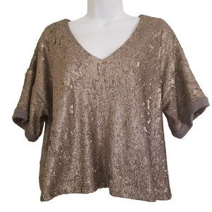 Deletta SP Boxy Oversized Cropped Sequined V Neck Top Gold Knit‎ Anthropologie